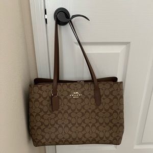 Coach Laptop Tote in Signature Coated Canvas, Smooth Leather with Gold Hardware.